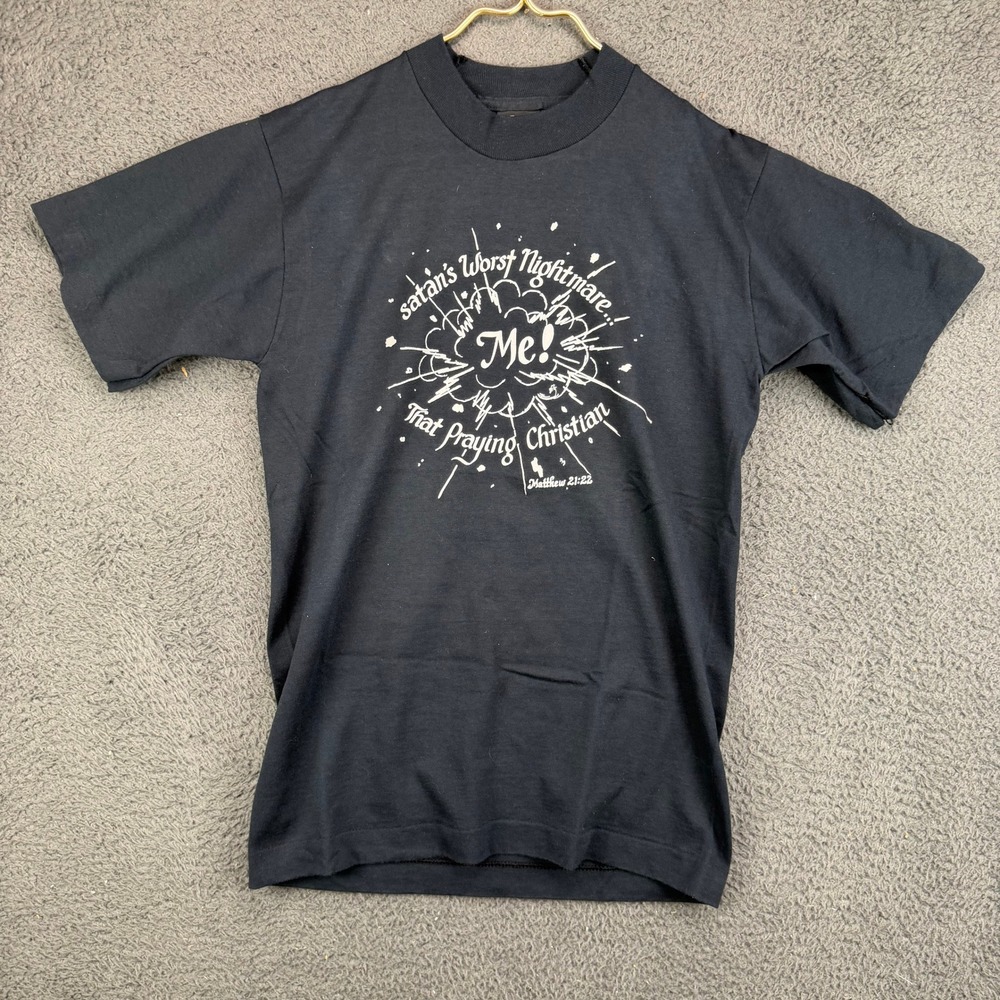 Vintage Screen Stars Best Christian T Shirt Mens Small Black Satan Nightmare Tee